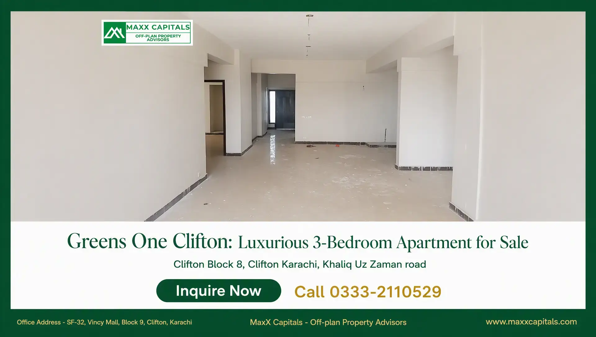 Greens One Clifton: Luxurious 3-Bedroom Apartment for Sale Greens One Clifton open-plan apartment interior with white walls, glossy tiled floor, and recessed ceiling lights
