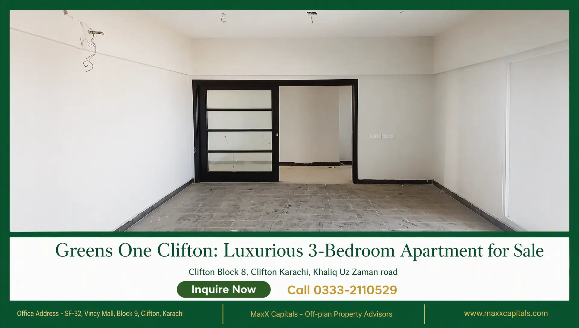Greens One Clifton: Luxurious 3-Bedroom Apartment for Sale Greens One Clifton unfurnished living room with tiled floor, recessed lighting, and black-framed sliding glass door
