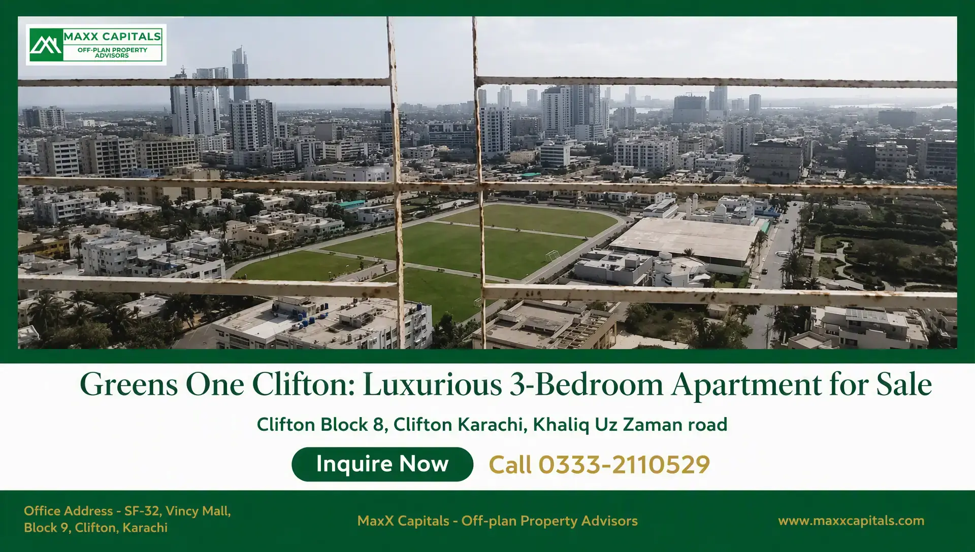 Greens One Clifton: Luxurious 3-Bedroom Apartment for Sale Greens One Clifton skyline view over Clifton Block 8, with a central green field and city towers beyond