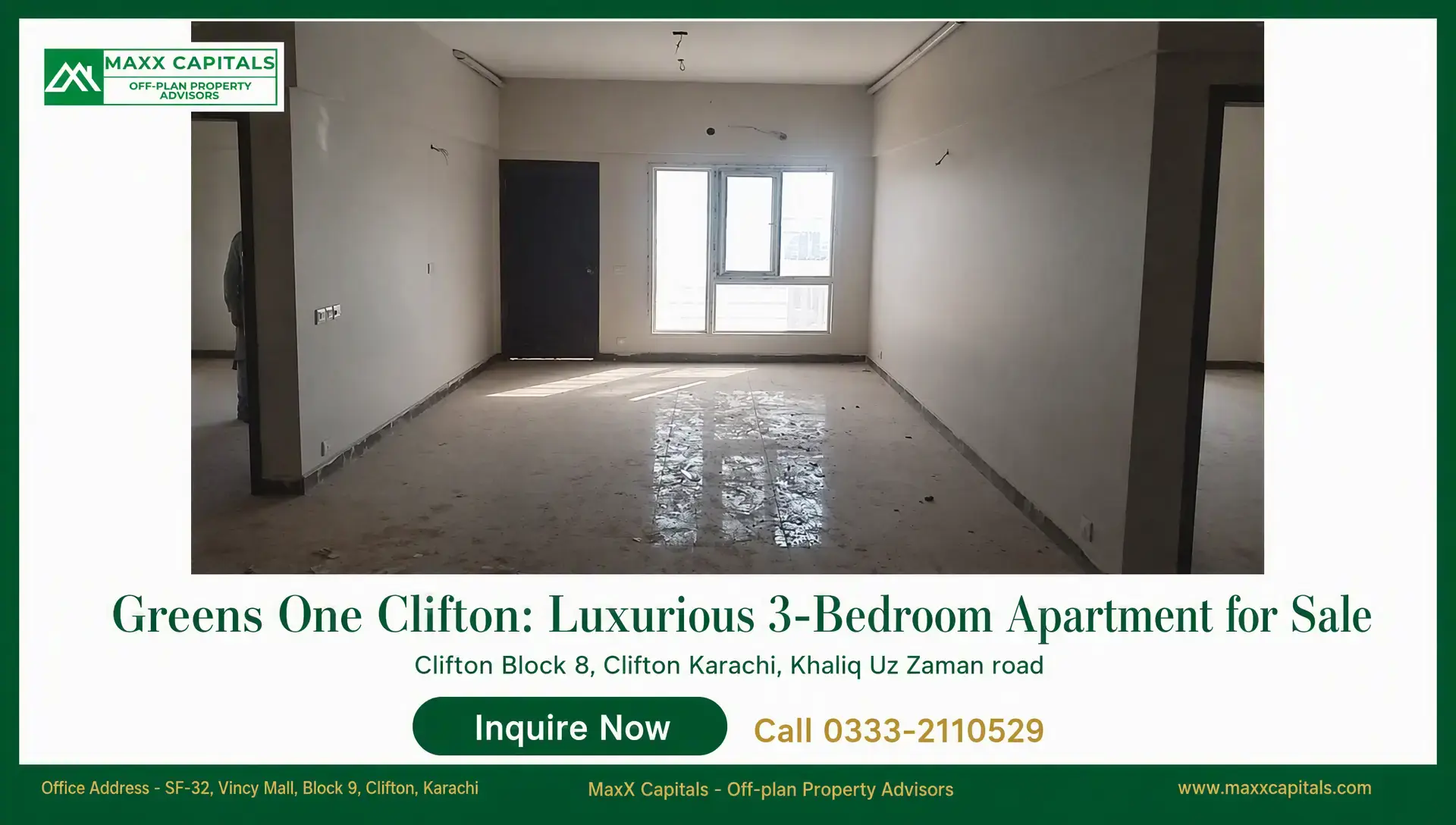 Greens One Clifton: Luxurious 3-Bedroom Apartment for Sale Greens One Clifton unfinished apartment interior with window, door, and open-plan layout