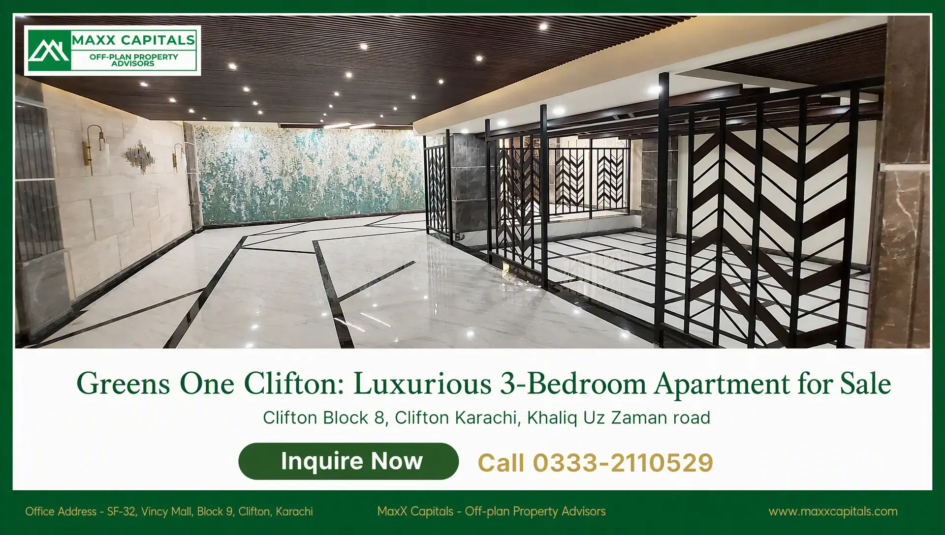 Greens One Clifton: Luxurious 3-Bedroom Apartment for Sale Greens One Clifton lobby with marble flooring, geometric feature wall, and modern metal partitions
