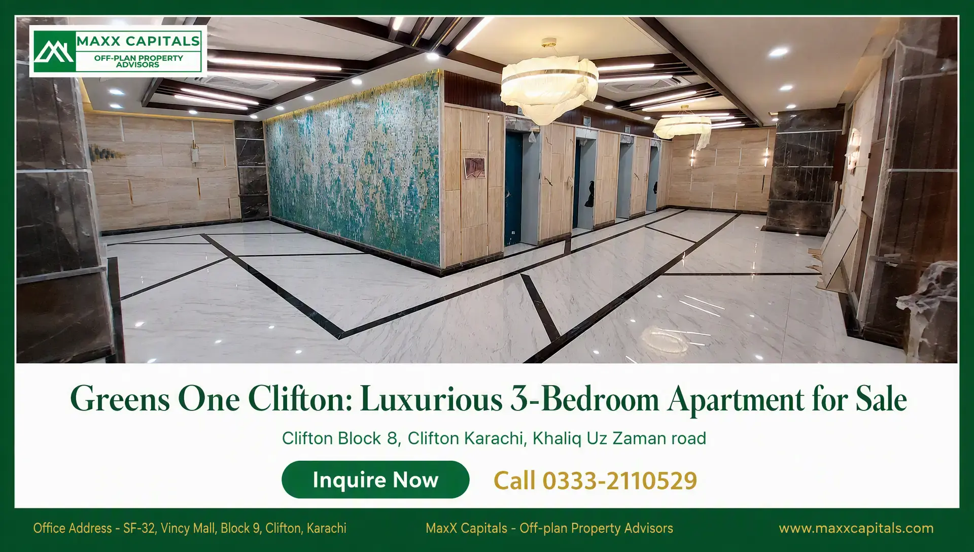 Greens One Clifton: Luxurious 3-Bedroom Apartment for Sale Greens One Clifton lobby with marble flooring, decorative wall paneling, chandeliers, and elevator access