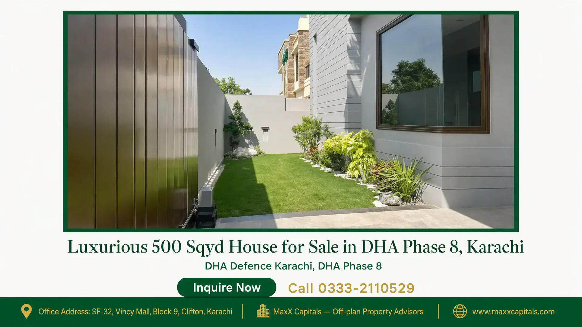 Luxurious 500 Sqyd House for Sale in DHA Phase 8, Karachi Modern house with a landscaped garden, large window, and sleek metallic gate in DHA Phase 8 Karachi.
