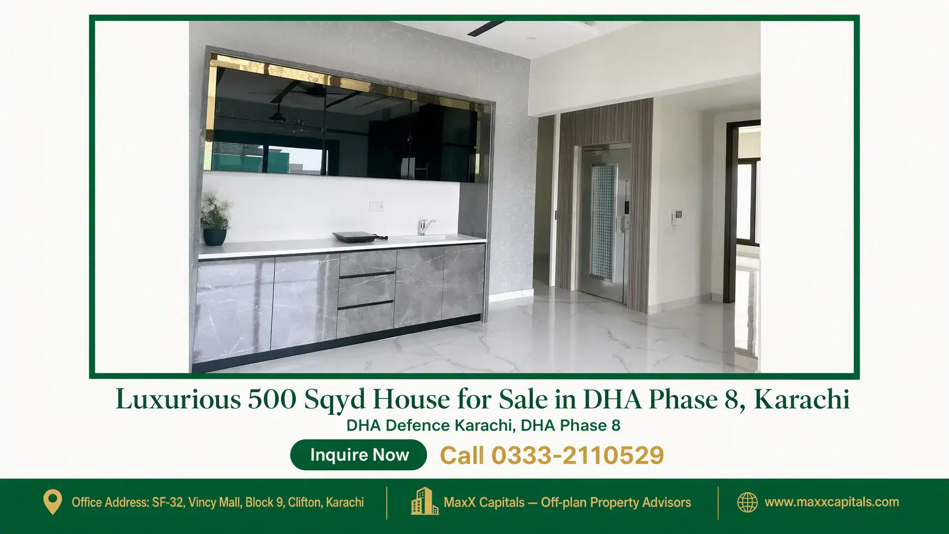 Luxurious 500 Sqyd House for Sale in DHA Phase 8, Karachi Modern kitchen interior with marble countertops and backsplash, sleek cabinetry, and a built-in elevator in a luxury house fo