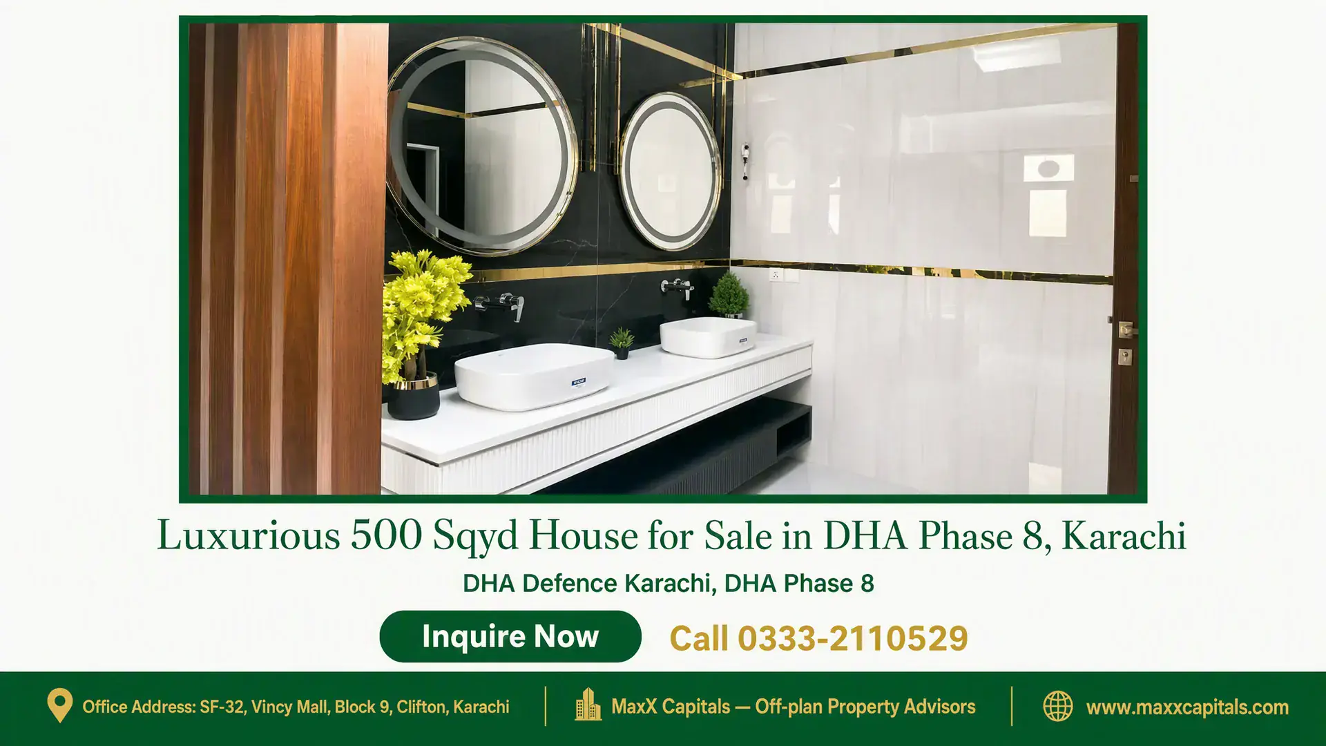 Luxurious 500 Sqyd House for Sale in DHA Phase 8, Karachi Modern double-sink bathroom with elegant black and gold accents in a luxury house for sale in DHA Phase 8, Karachi.