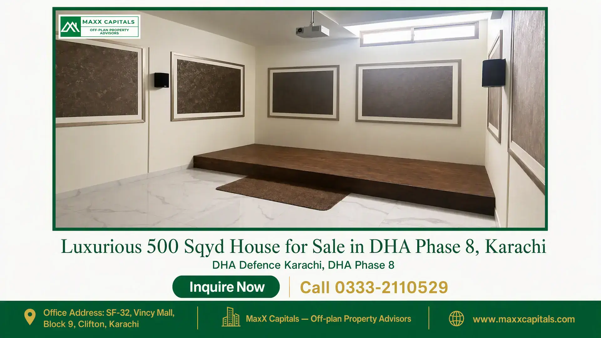 Luxurious 500 Sqyd House for Sale in DHA Phase 8, Karachi Spacious living area with marble flooring, elevated wooden platform, modern recessed lighting, and elegant wall décor in a h