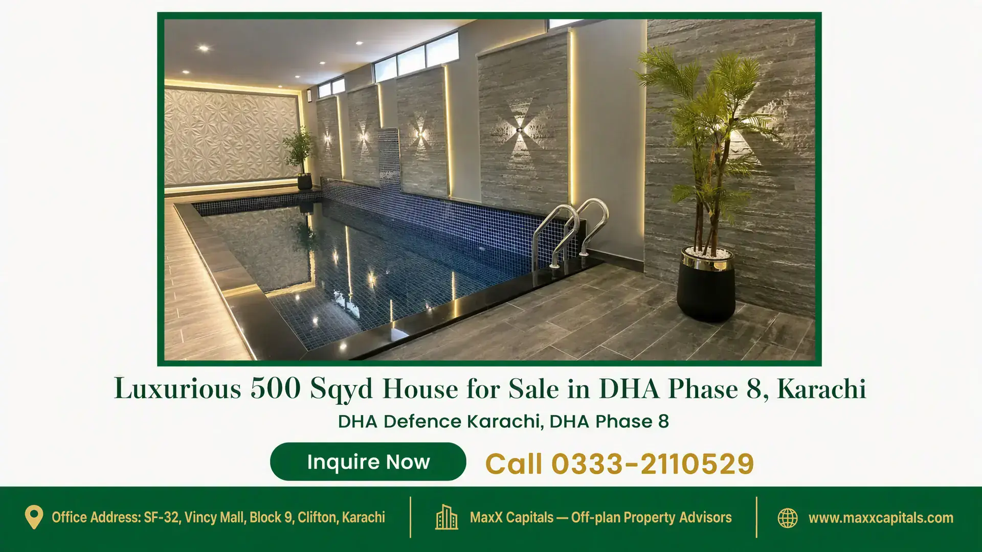 Luxurious 500 Sqyd House for Sale in DHA Phase 8, Karachi Modern indoor swimming pool with ambient lighting, stone-textured walls, and tall potted plants in a luxurious house for sale