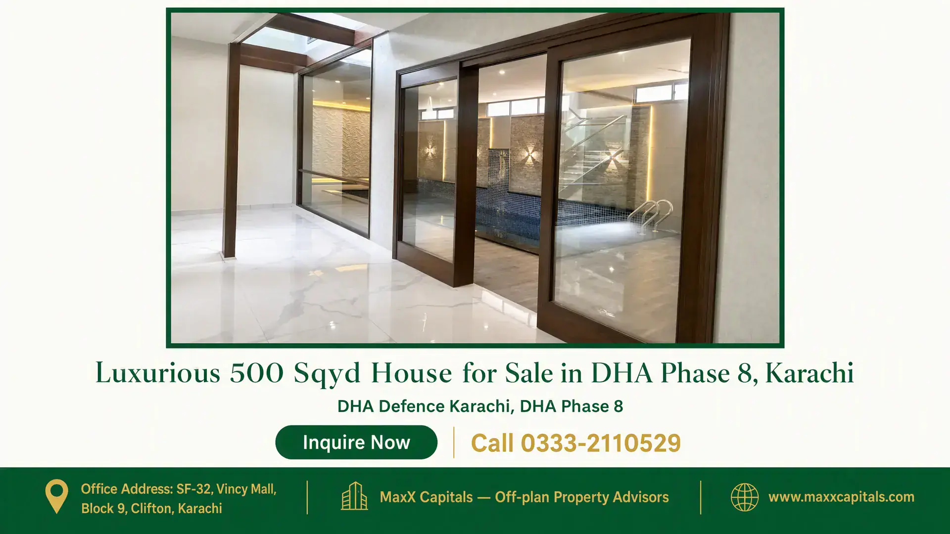 Luxurious 500 Sqyd House for Sale in DHA Phase 8, Karachi Spacious marble-finished hallway with glass-enclosed pool view in a luxurious house for sale in DHA Phase 8, Karachi.