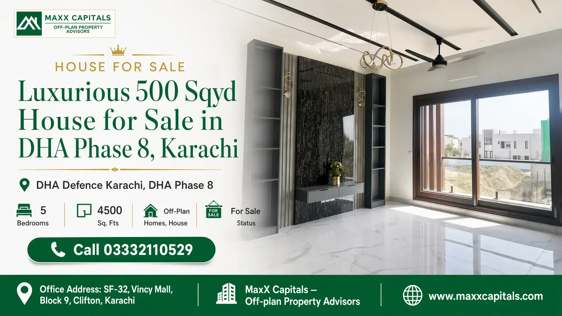 Luxurious 500 Sqyd House for Sale in DHA Phase 8, Karachi Spacious living area with large sliding glass doors, marble flooring, grey shelving, and modern lighting in a house for sale.