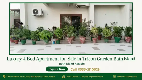 Spacious outdoor patio with an array of potted plants and sliding glass doors in Tricon Garden, Bath Island.