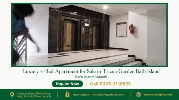 Modern elevator lobby with black marble walls, contemporary lighting, and polished flooring in Tricon Garden, Bath Island.