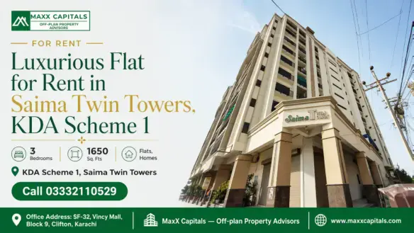 Side View Of Saima Twin Towers, Featuring Modern Architecture With Cream-Colored Facade And Spacious Balconies In Kda Scheme