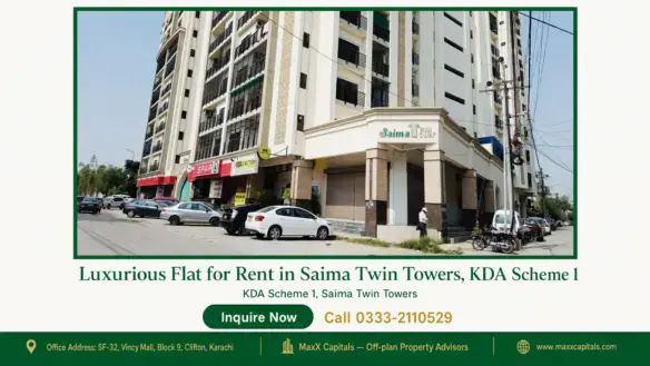 Exterior view of Saima Twin Towers in KDA Scheme 1, featuring modern architecture and a retail area at the ground level.