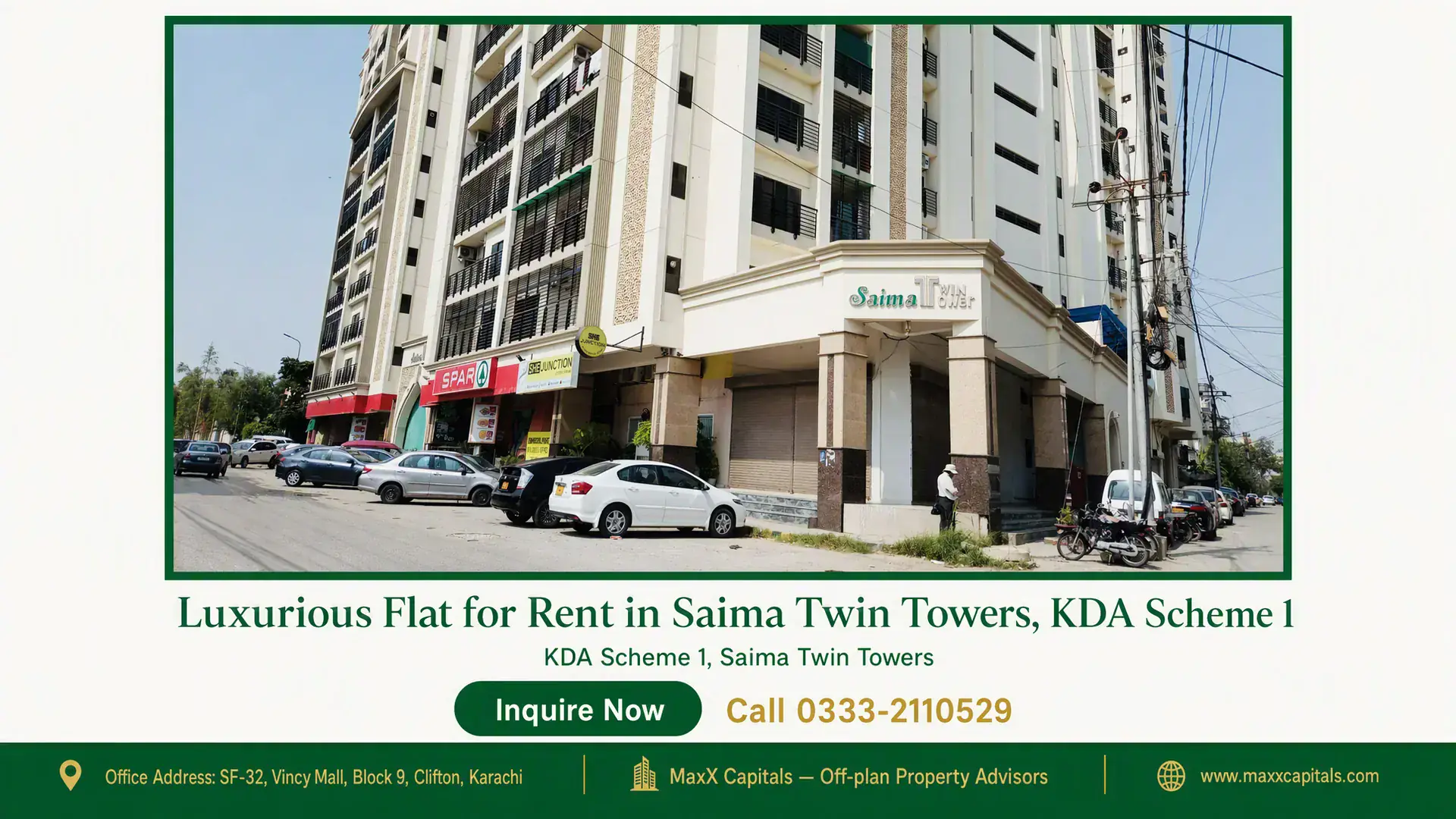 Luxurious Flat for Rent in Saima Twin Towers, KDA Scheme 1 Exterior view of Saima Twin Towers in KDA Scheme 1, featuring modern architecture and a retail area at the ground level.