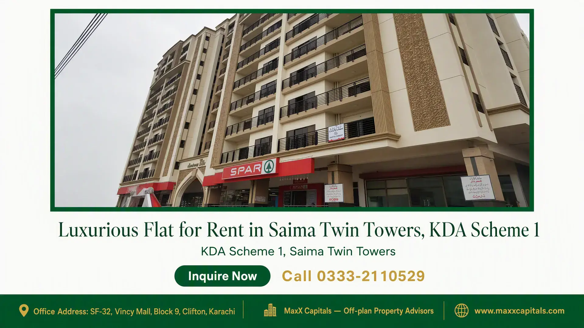 Luxurious Flat for Rent in Saima Twin Towers, KDA Scheme 1 Elegant exterior of Saima Twin Towers in KDA Scheme 1 with retail outlets at the ground level and modern beige facade.