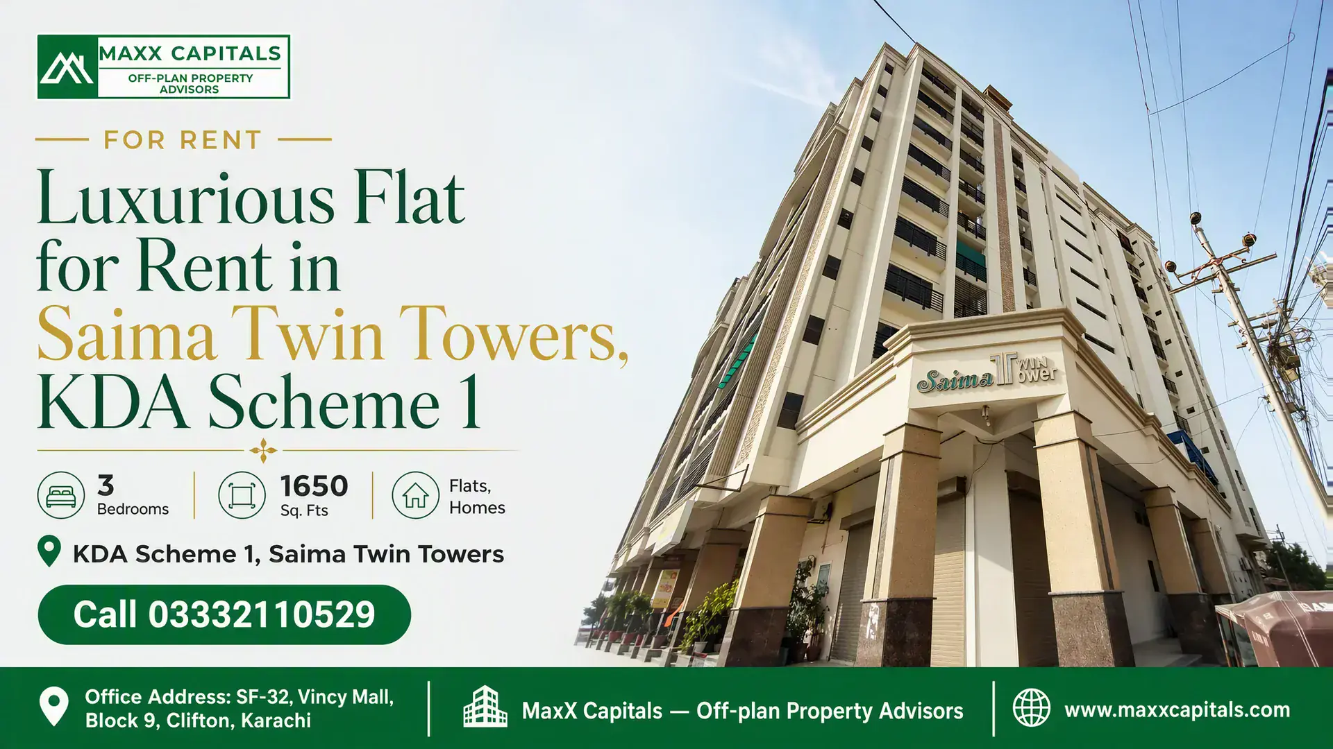 Luxurious Flat for Rent in Saima Twin Towers, KDA Scheme 1 Side view of Saima Twin Towers, featuring modern architecture with cream-colored facade and spacious balconies in KDA Scheme