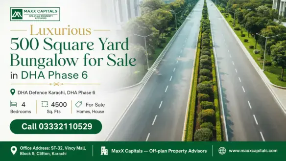 Luxurious 500 Square Yard Bungalow For Sale In Dha Phase 6 With Lush Greenery And A Wide Road View.