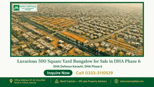 Aerial view of DHA Phase 6 featuring a grid of luxury bungalows, tree-lined streets, and open plots in Karachi.