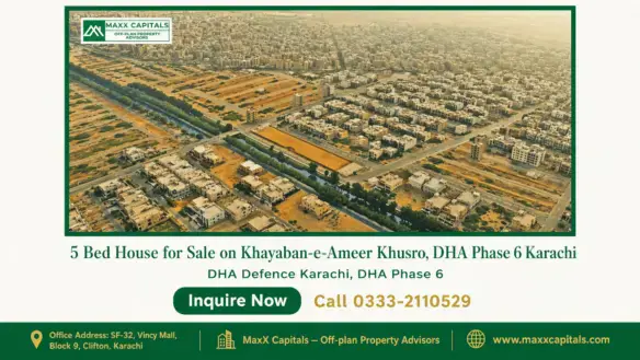 Aerial view of DHA Phase 6 Karachi highlighting urban layout, roads, houses, and greenery, showcasing the area’s planned in