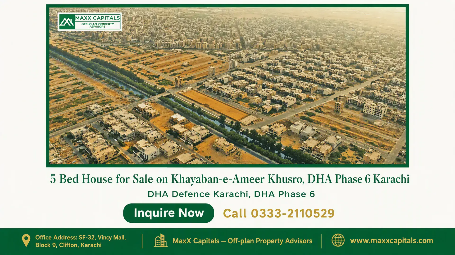 5 Bed House for Sale on Khayaban-e-Ameer Khusro, DHA Phase 6 Karachi Aerial view of DHA Phase 6 Karachi highlighting urban layout, roads, houses, and greenery, showcasing the area’s planned in
