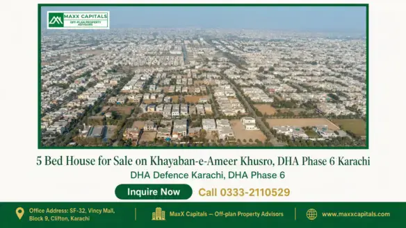 Aerial view of residential houses and blocks in DHA Phase 6 Karachi, showcasing a well-planned urban landscape.