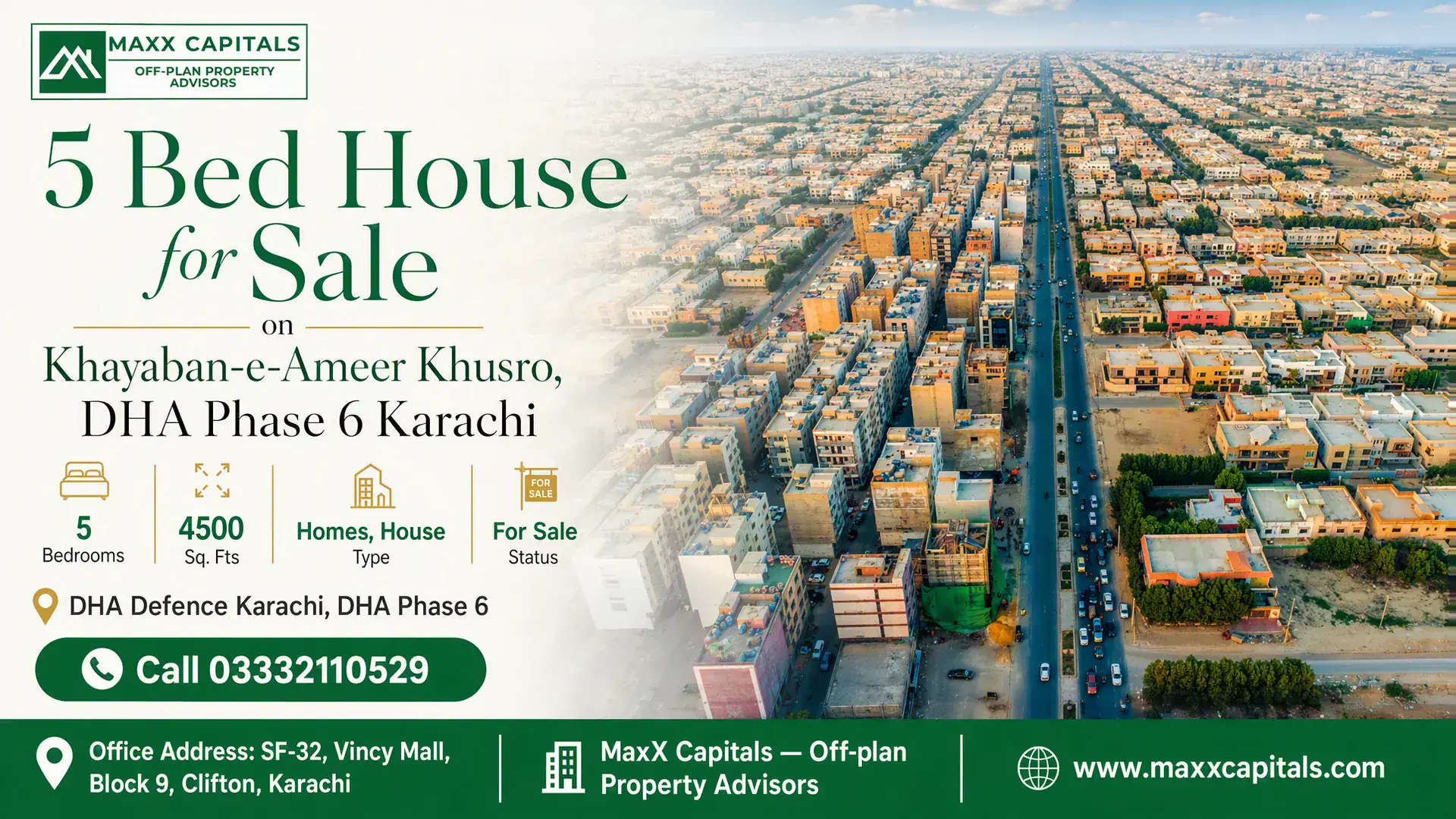5 Bed House for Sale on Khayaban-e-Ameer Khusro, DHA Phase 6 Karachi Aerial view of Khayaban-e-Ameer Khusro in DHA Phase 6 Karachi with surrounding luxury homes and green landscaping.