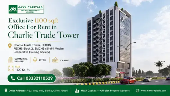 Modern High-Rise Building Of Charlie Trade Tower With Glass Facade, Lush Landscaping, And Urban Surroundings.