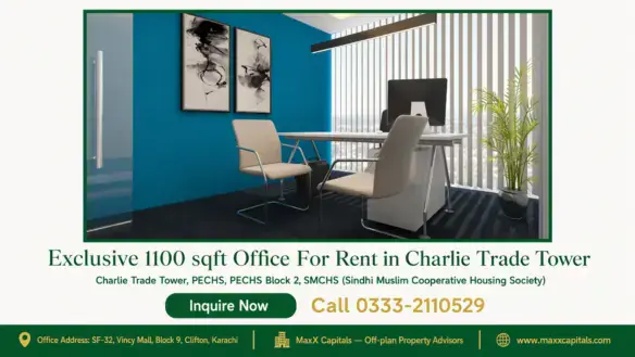 Modern office space in Charlie Trade Tower, featuring blue accent walls, minimalist furniture, and floor-to-ceiling windows.