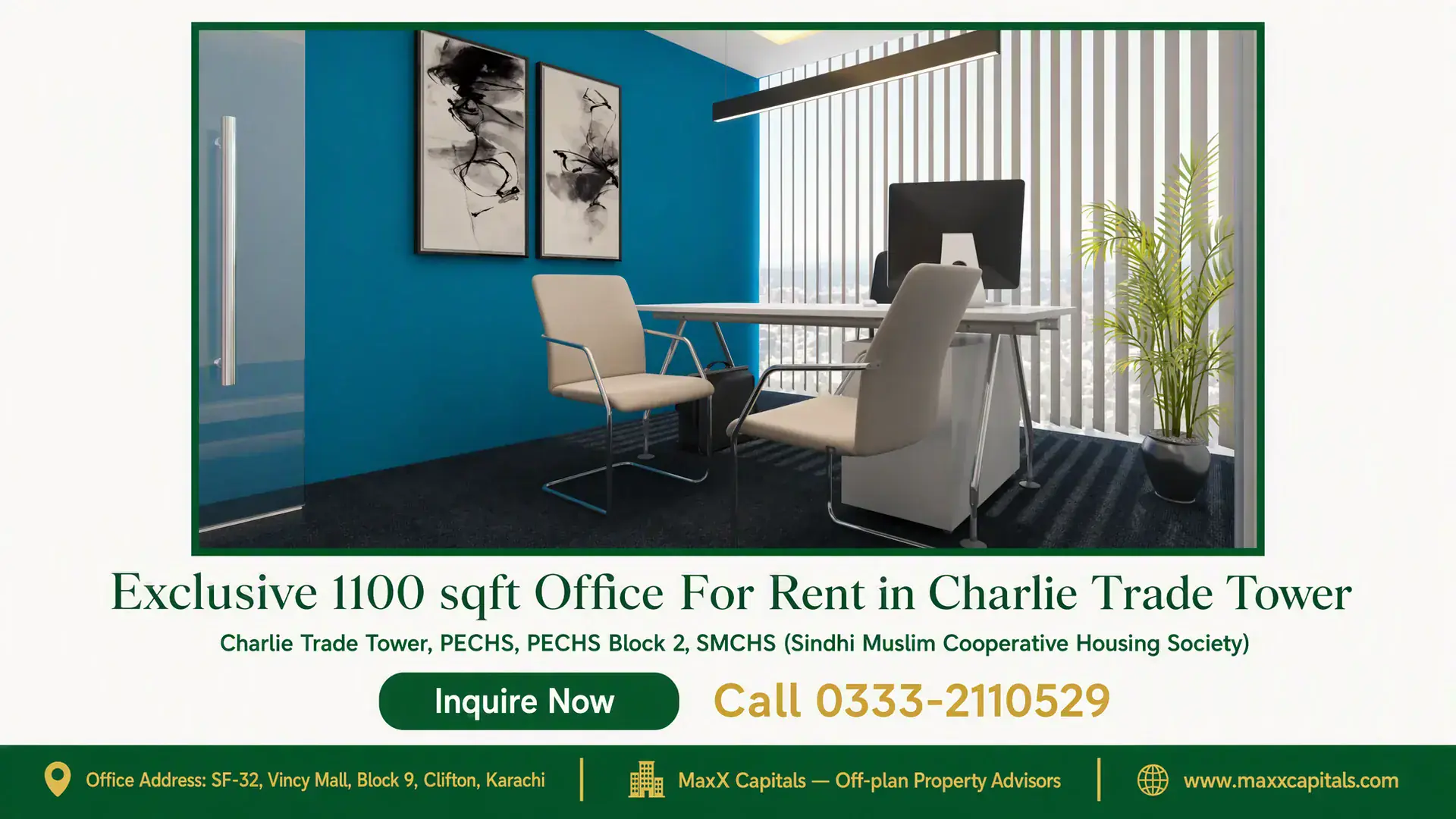 Exclusive 1100 sqft Office For Rent in Charlie Trade Tower Modern office space in Charlie Trade Tower, featuring blue accent walls, minimalist furniture, and floor-to-ceiling windows.