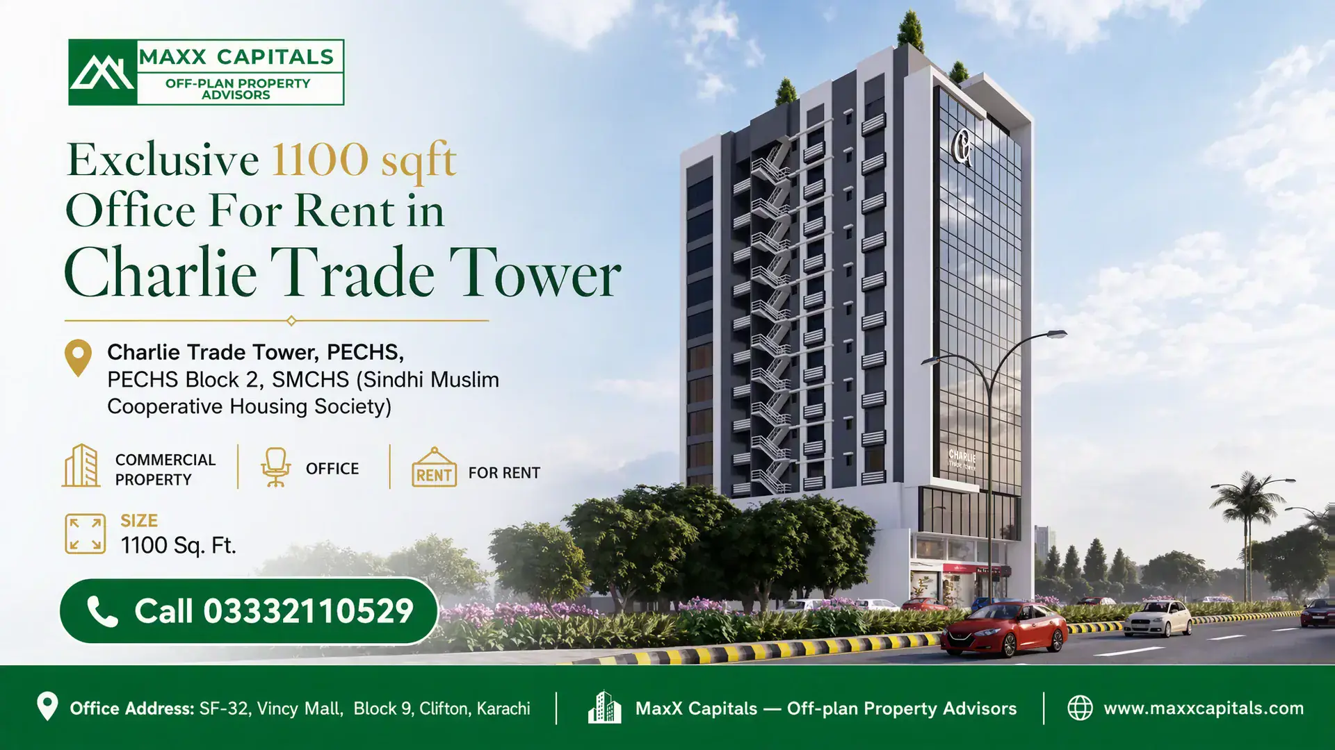 Exclusive 1100 sqft Office For Rent in Charlie Trade Tower Modern high-rise building of Charlie Trade Tower with glass facade, lush landscaping, and urban surroundings.