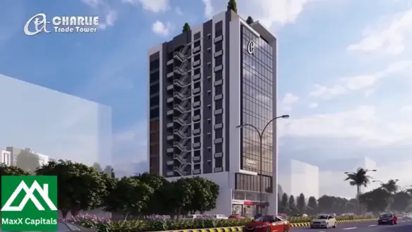Modern Multi-Story Facade Of Charlie Trade Tower Office Building With Glass Panels, Balconies, Palm Trees And Street View