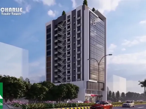 Modern Multi-Story Facade Of Charlie Trade Tower Office Building With Glass Panels, Balconies, Palm Trees And Street View