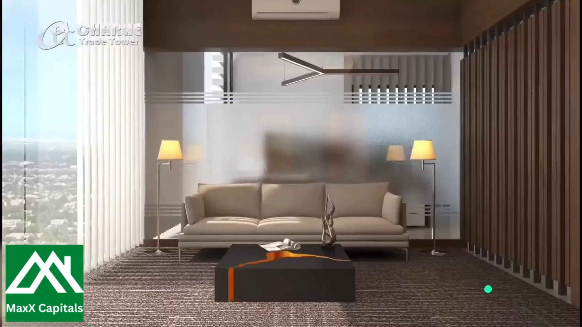 Secure Your Prime 1100 sqft Office in Charlie Trade Tower SMCHS Near Shahrah-e-Faisal Karachi (2) Modern office lounge in Charlie Trade Tower with beige sofa, black coffee table, floor lamps, wooden panels, and city skyline