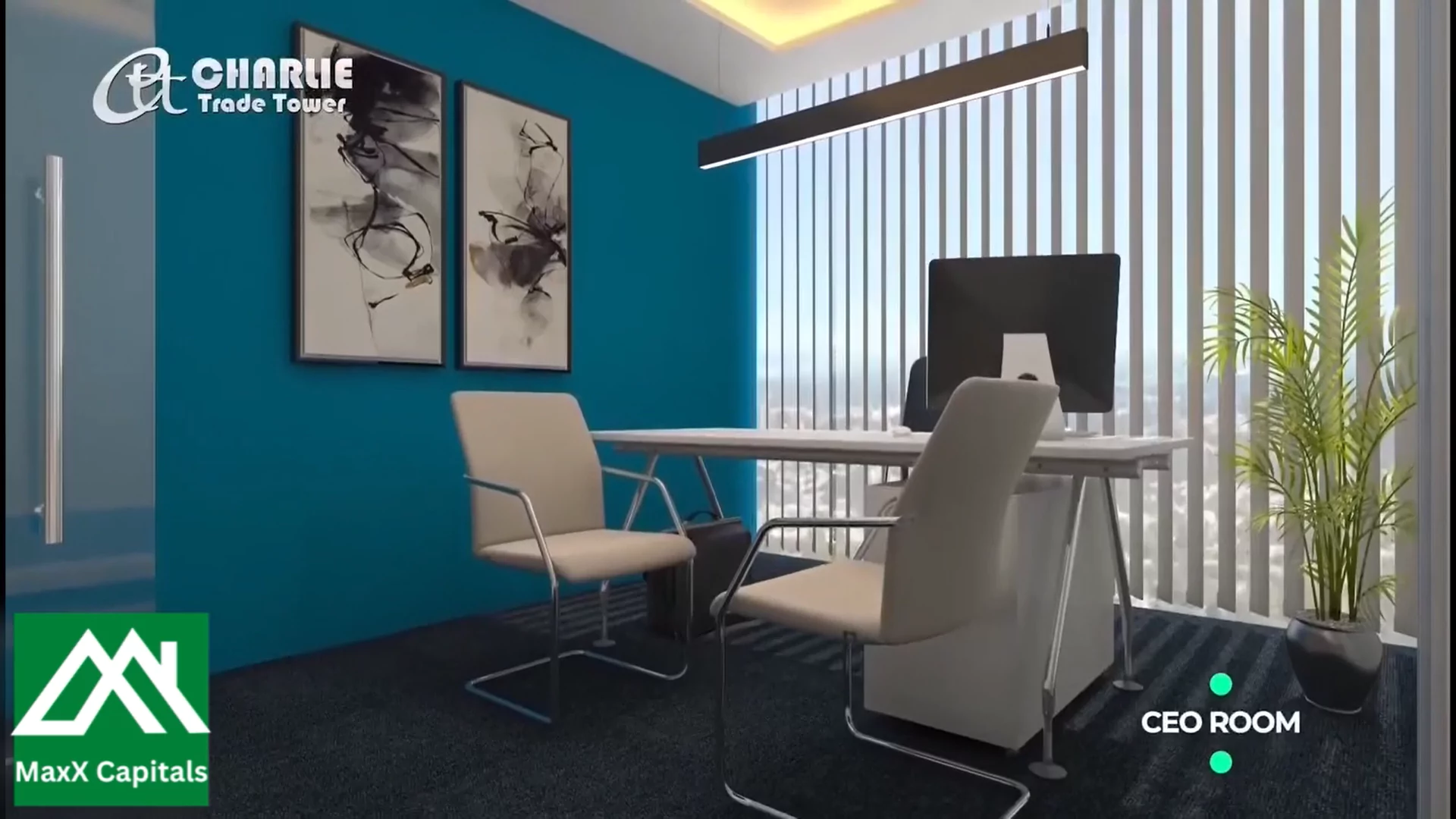 Secure Your Prime 1100 sqft Office in Charlie Trade Tower SMCHS Near Shahrah-e-Faisal Karachi (3) CEO room in Charlie Trade Tower office: blue accent wall, modern glass desk, ergonomic chairs, computer monitor, potted plant