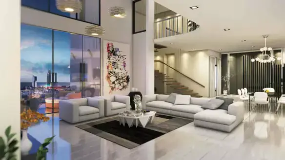 MaxX Capitals Bath Island Parsa Citi Club living room with double-height windows and modern staircase