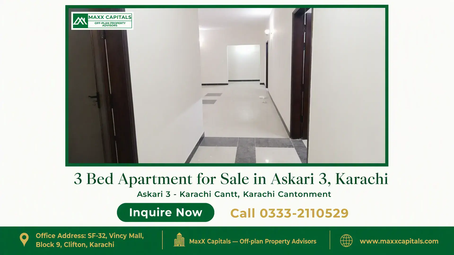 3 Bed Apartment for Sale in Askari 3, Karachi Spacious corridor with tiled flooring and wooden door frames in a flat for sale in Askari 3 Karachi.