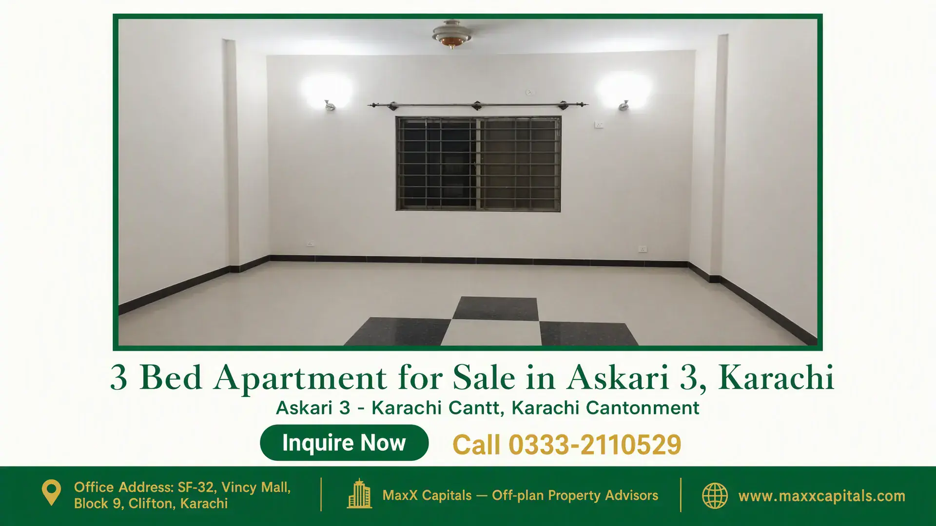3 Bed Apartment for Sale in Askari 3, Karachi Spacious living room with tiled floors, neutral walls, ceiling light, wall-mounted lamps, and a metal-grilled window in a fla