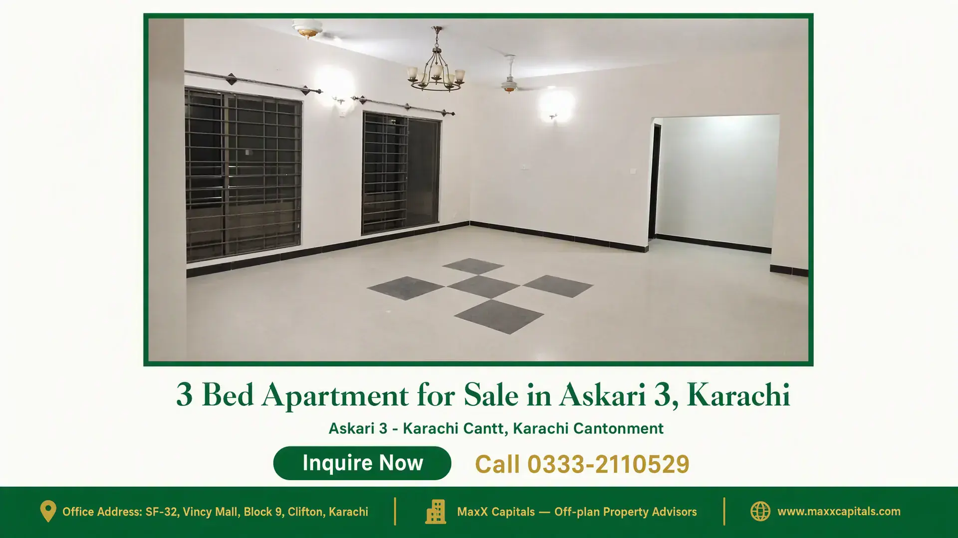 3 Bed Apartment for Sale in Askari 3, Karachi Spacious living room in a 3-bed flat for sale in Askari 3 Karachi with tiled floors, modern lighting, and large windows.