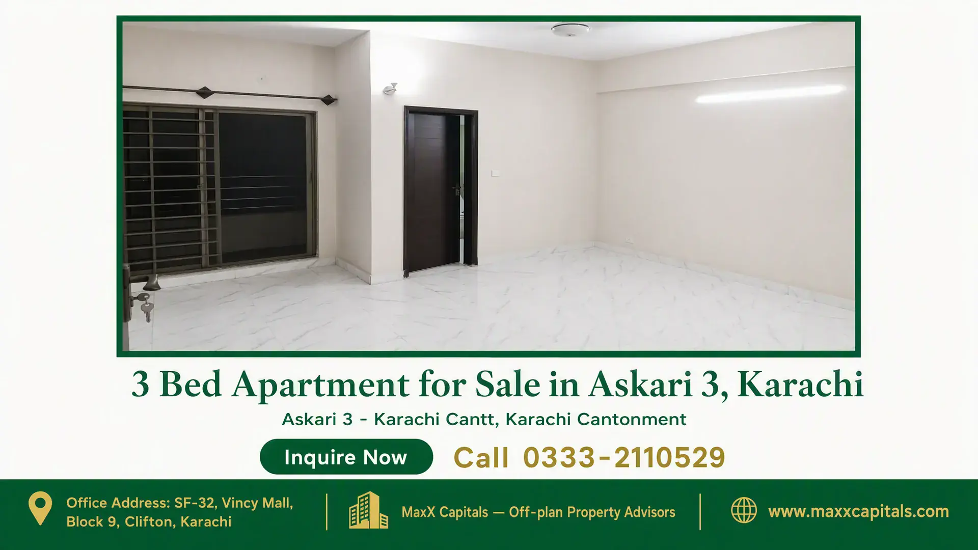 3 Bed Apartment for Sale in Askari 3, Karachi Spacious living room with white marble flooring, sleek sliding windows, and minimalist beige walls in a flat for sale in Aska
