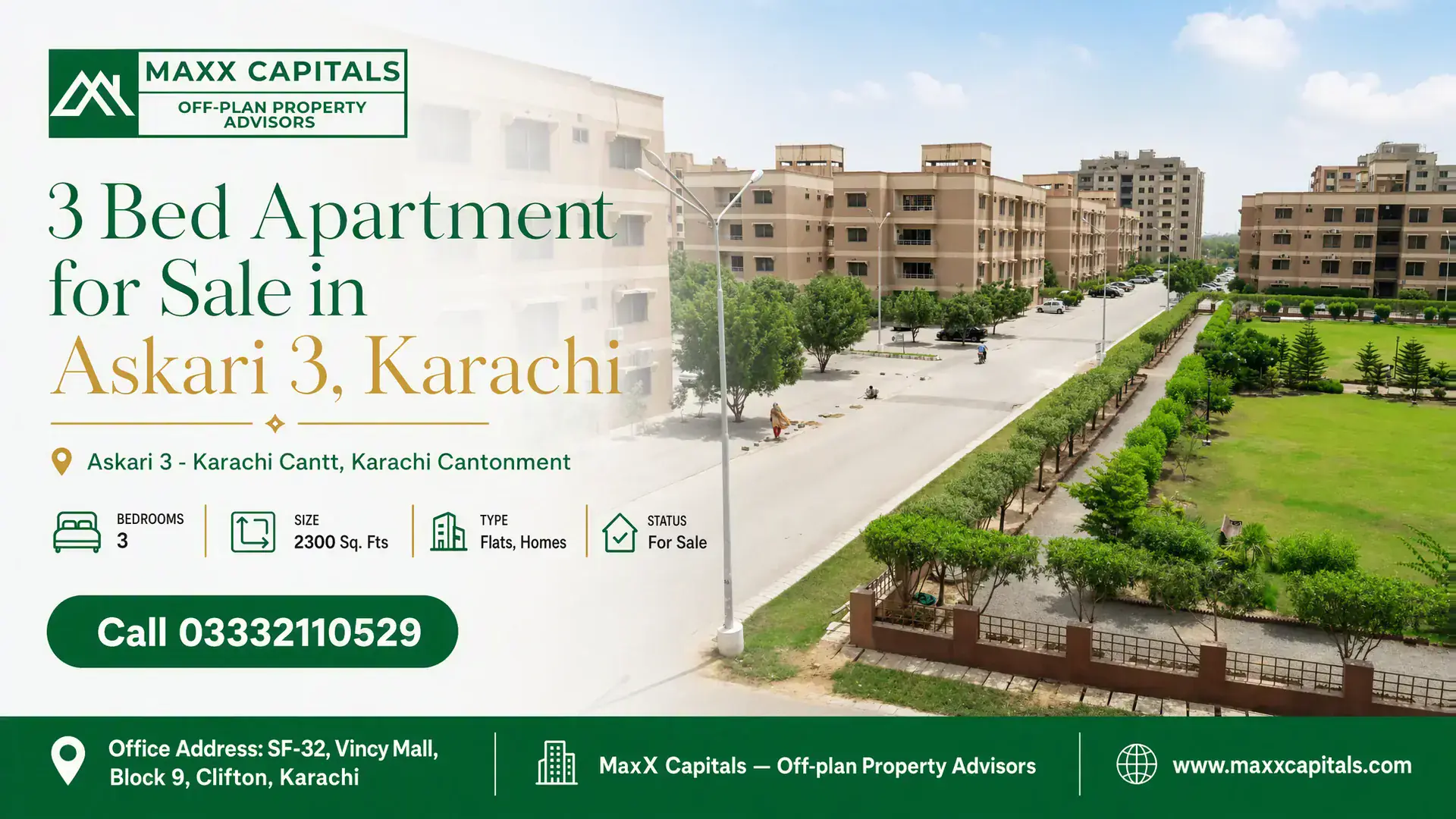 3 Bed Apartment for Sale in Askari 3, Karachi Well-maintained residential buildings with lush green landscaping in Askari 3 Karachi, featuring a flat for sale.