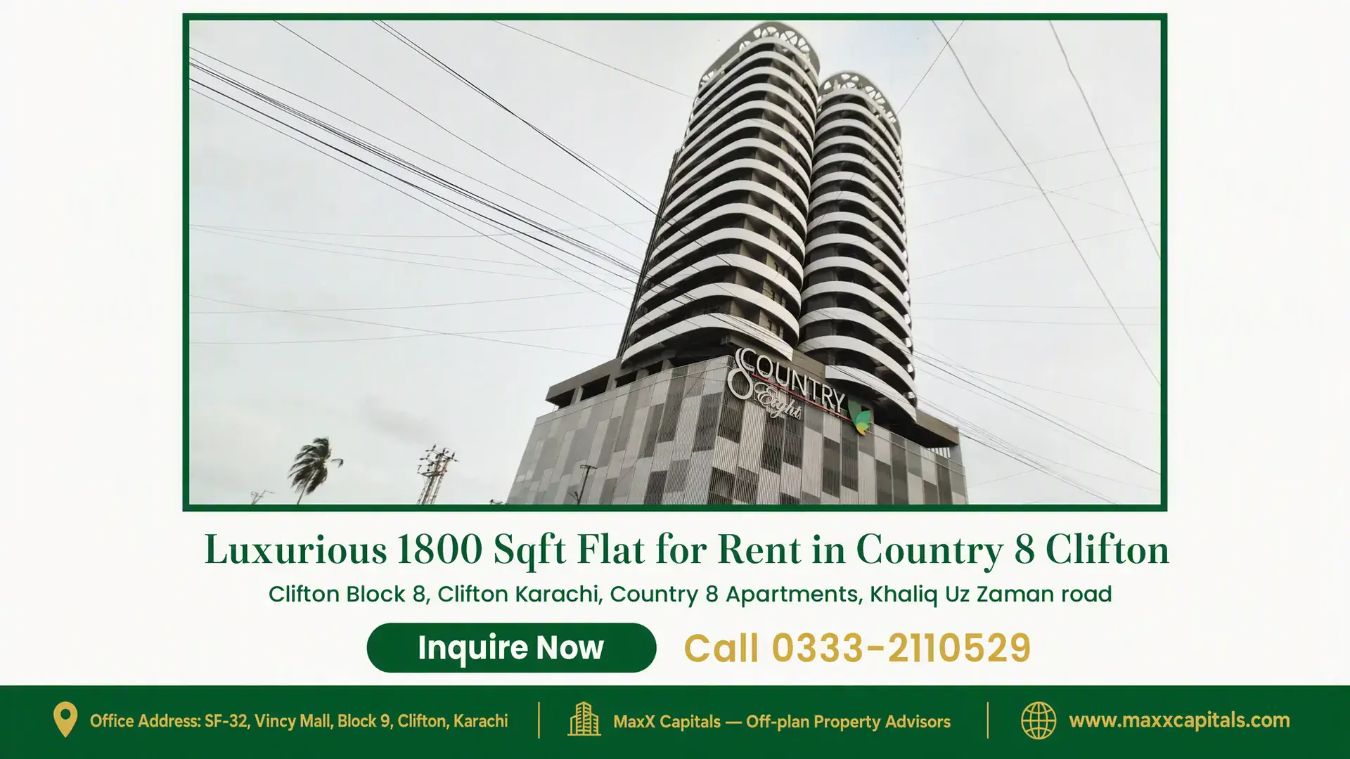 Luxurious 1800 Sqft Flat for Rent in Country 8 Clifton Modern twin-tower apartment building with distinctive curved design located in Country 8 Clifton.