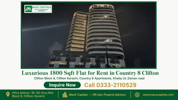 Modern high-rise building with illuminated facade and sleek architectural design in Clifton, Country 8, suitable for luxury l