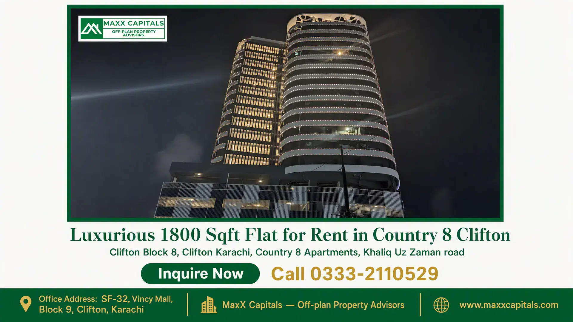 Luxurious 1800 Sqft Flat for Rent in Country 8 Clifton Modern high-rise building with illuminated facade and sleek architectural design in Clifton, Country 8, suitable for luxury l
