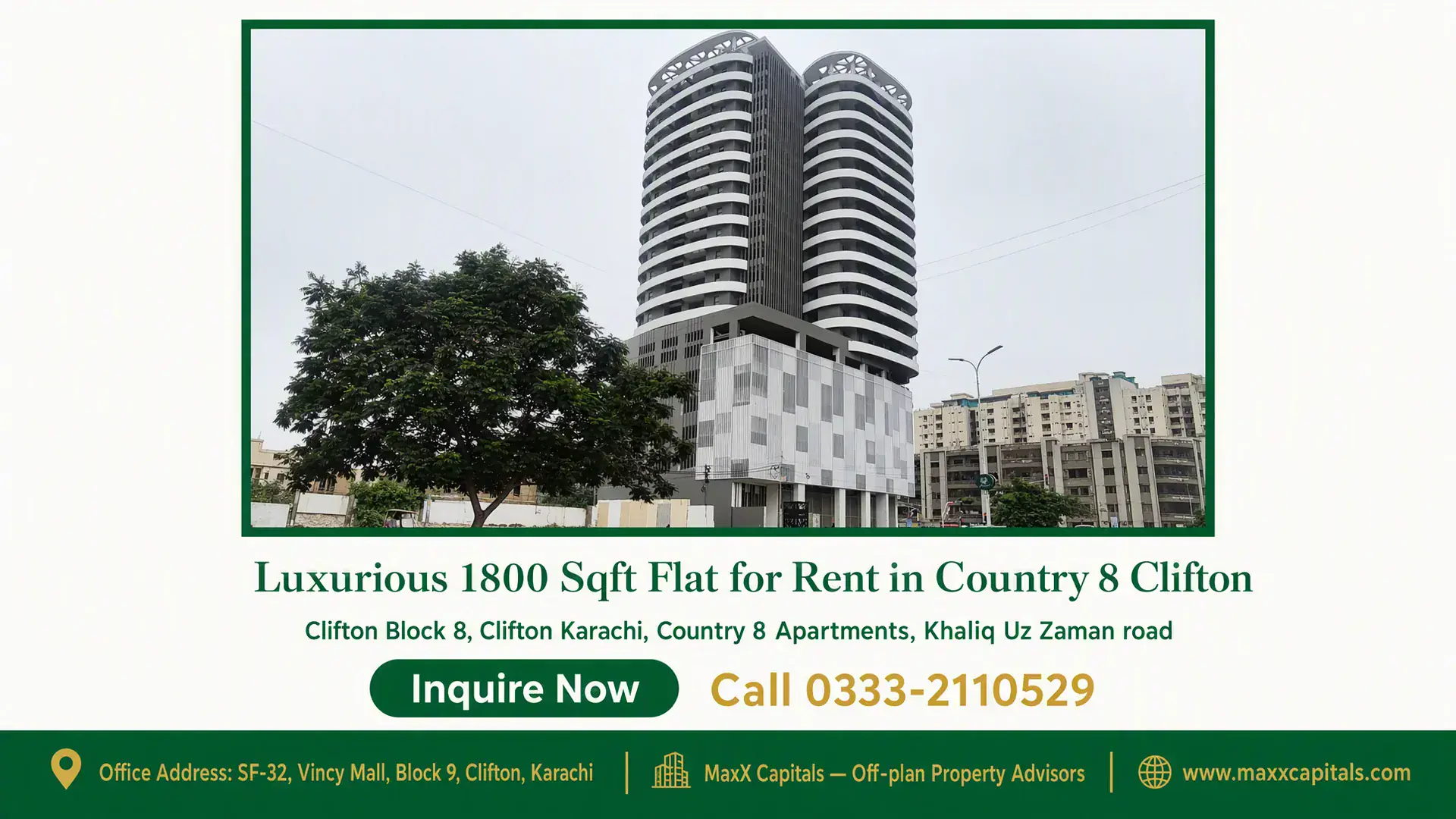 Luxurious 1800 Sqft Flat for Rent in Country 8 Clifton Modern high-rise building with curved balconies in Clifton, surrounded by greenery and urban developments, ideal for a luxury
