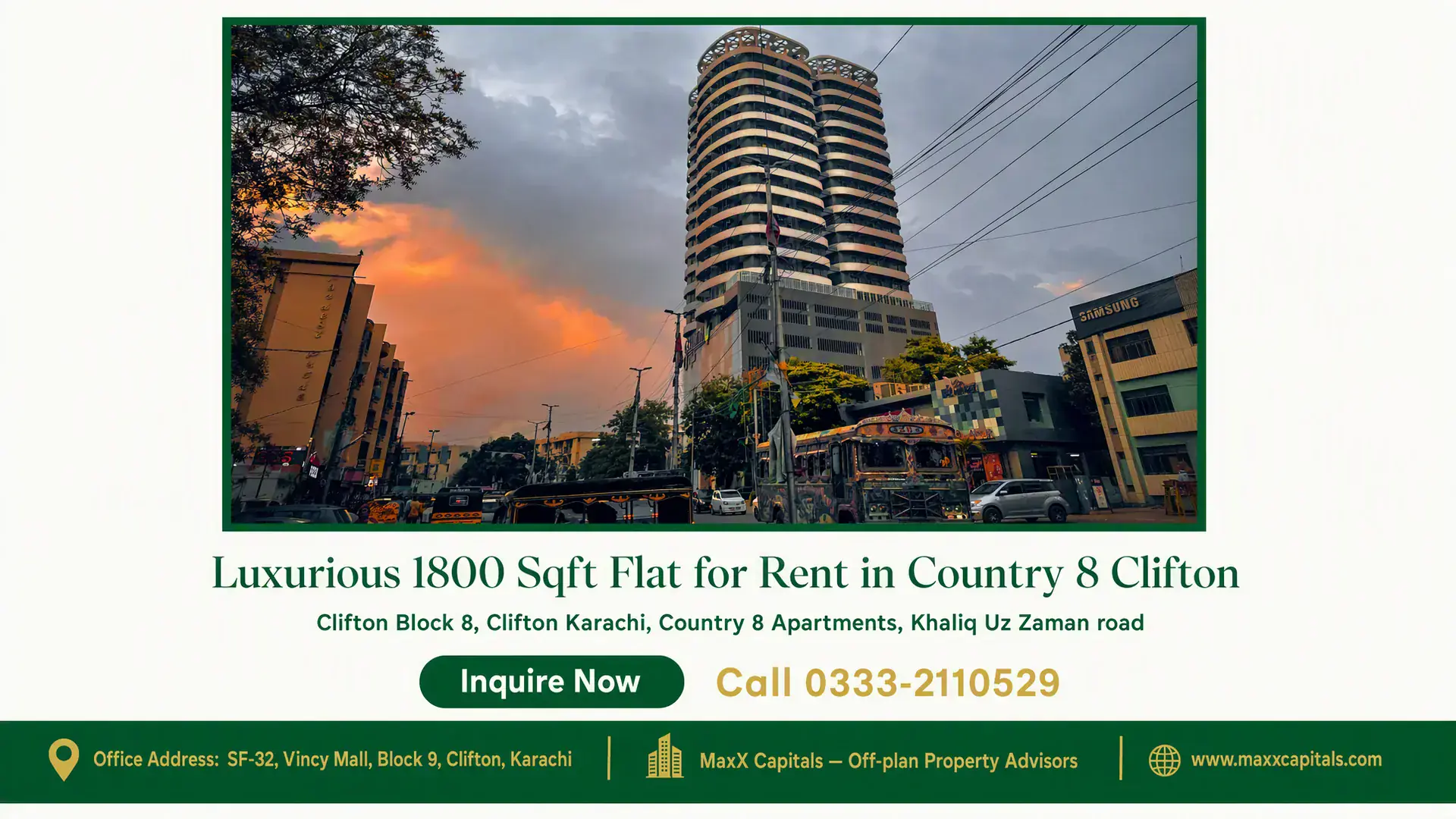 Luxurious 1800 Sqft Flat for Rent in Country 8 Clifton Modern high-rise building with curved balconies in Clifton at sunset, surrounded by urban cityscape and bustling streets.