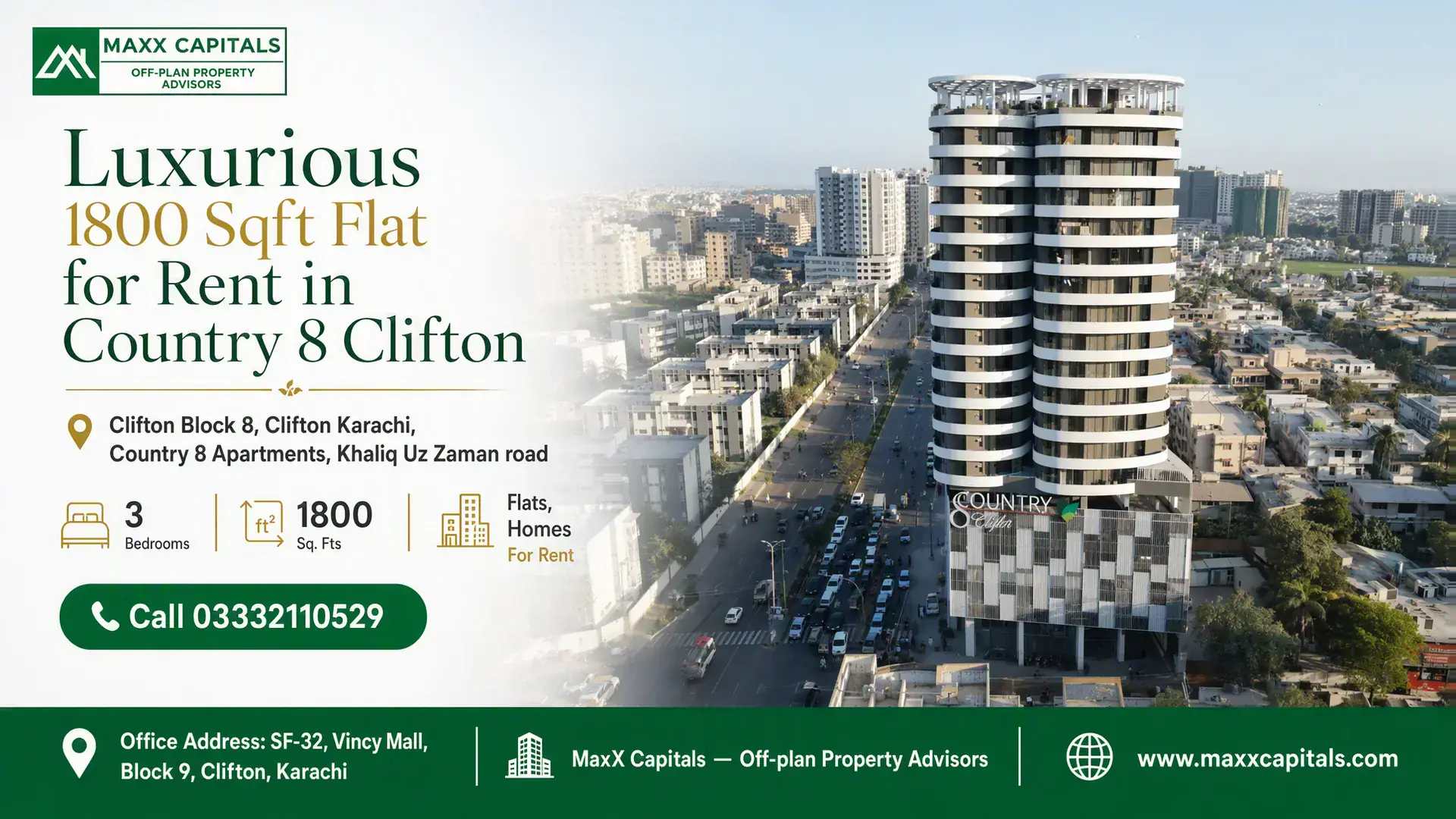 Luxurious 1800 Sqft Flat for Rent in Country 8 Clifton High-rise residential building with a modern facade located in Clifton, surrounded by an urban skyline, offered as a flat for
