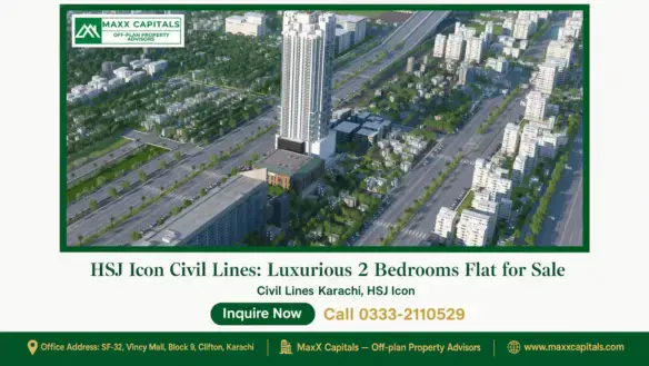 Modern high-rise tower in Civil Lines Karachi surrounded by lush greenery and urban roadways. HSJ Icon offers premium living.