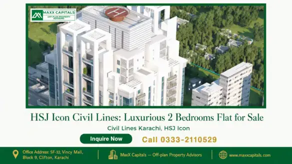 HSJ Icon Civil Lines luxury apartment exterior with modern white facade, rooftop helipad, and lush green surroundings.