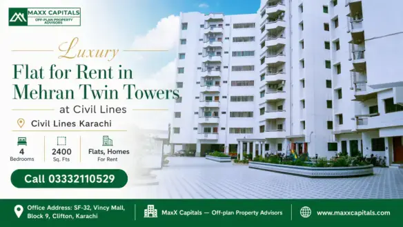 Elegant Facade Of Mehran Twin Towers In Civil Lines, Karachi, Showcasing Modern Architecture With Balconies And A Landscaped