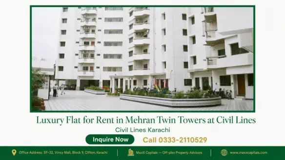Exterior view of Mehran Twin Towers showing white multi-story buildings, landscaped courtyard, and play area, located in Civi